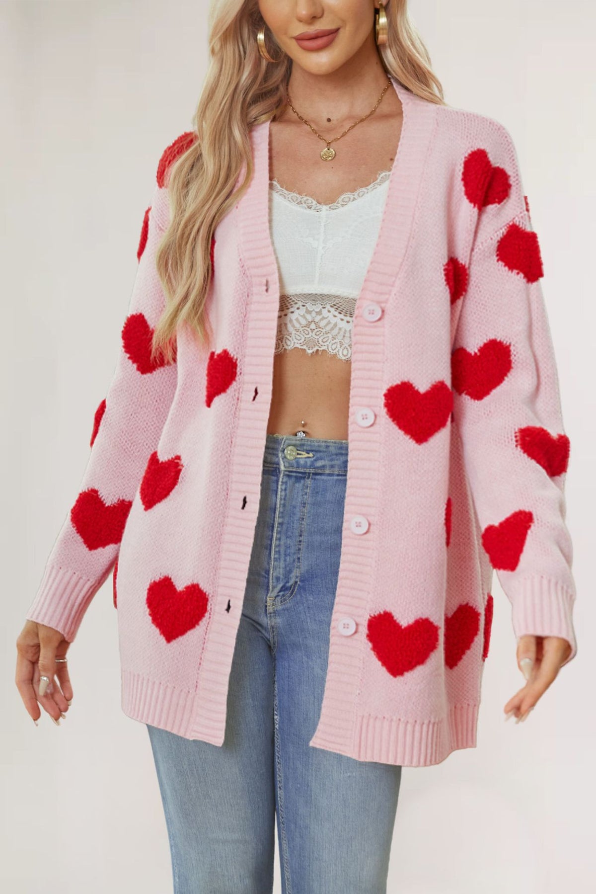 Heart Pattern Button Front Knit Cardigan - Pink