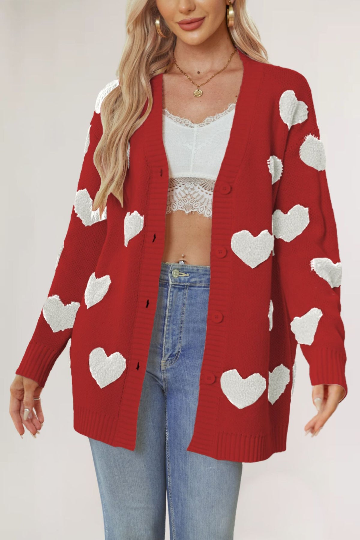 Heart Pattern Button Front Knit Cardigan - Red