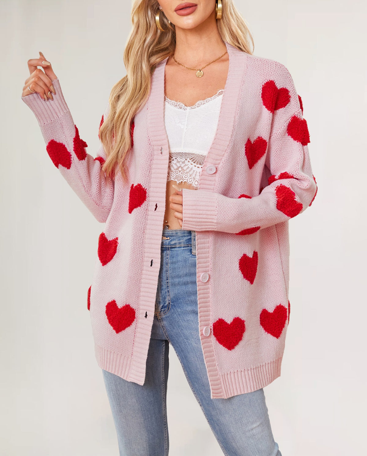 Heart Pattern Button Front Knit Cardigan