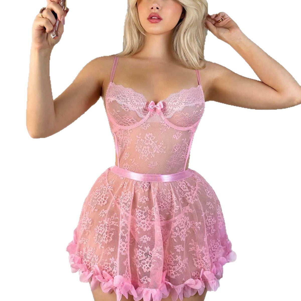 Pink Floral Lace Petal Hem Babydoll Set