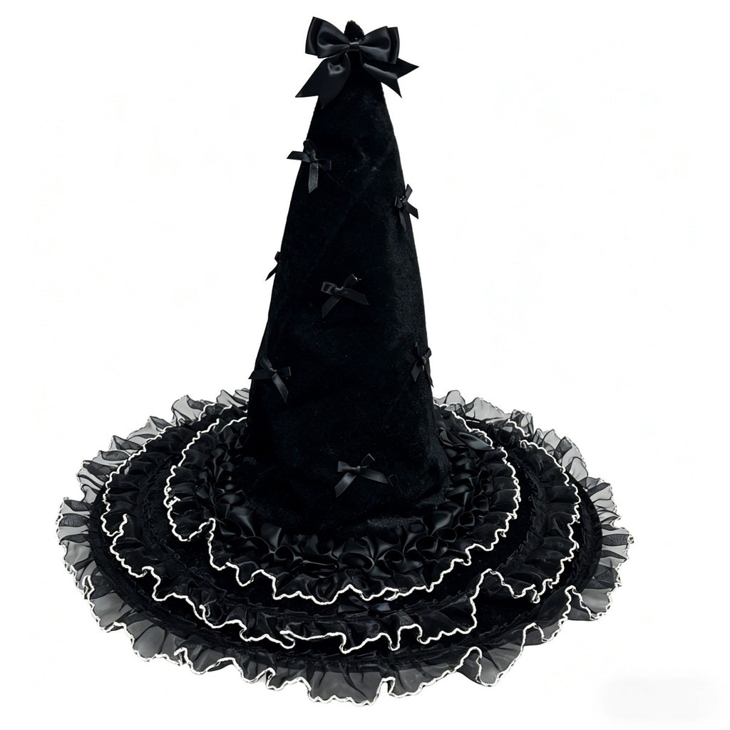 Bow Trimmed Velvet Witch Hat With Ruffled Brim - Black