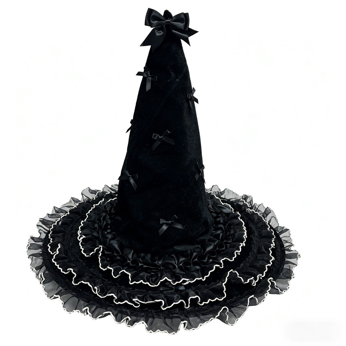 Bow Trimmed Velvet Witch Hat With Ruffled Brim - Black