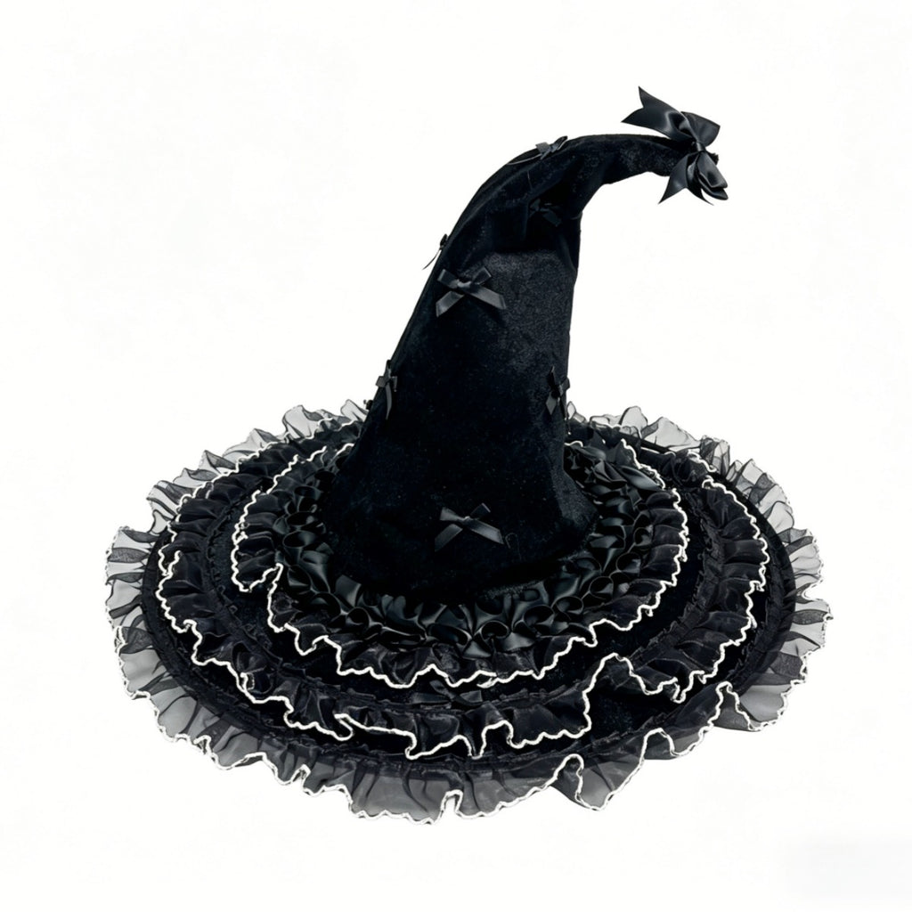 Bow Trimmed Velvet Witch Hat With Ruffled Brim - Black - 1