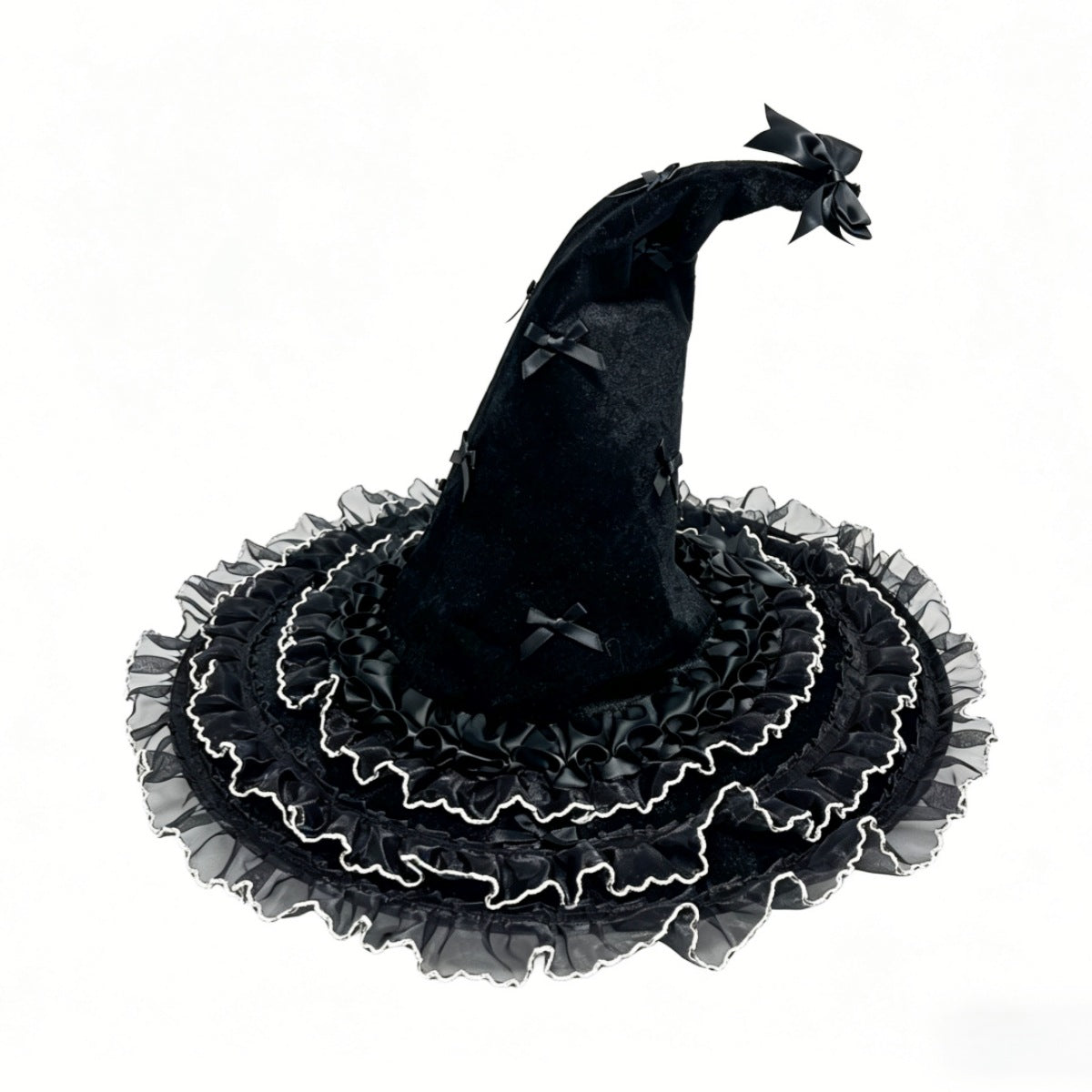 Bow Trimmed Velvet Witch Hat With Ruffled Brim - Black - 1