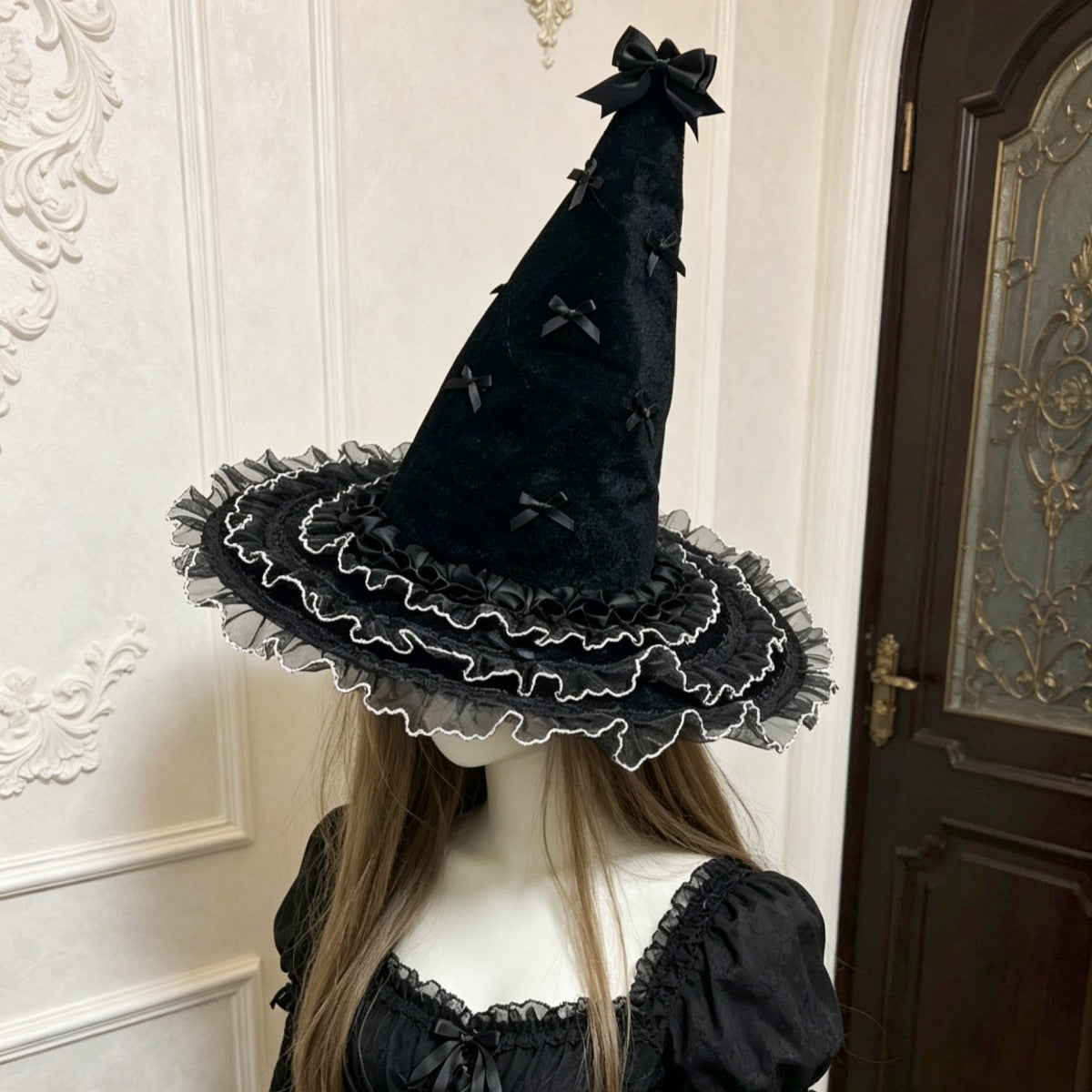 Bow Trimmed Velvet Witch Hat With Ruffled Brim - Black - 2