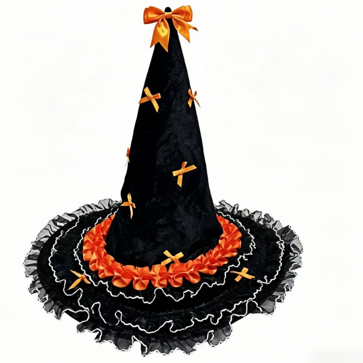 Bow Trimmed Velvet Witch Hat With Ruffled Brim - Orange