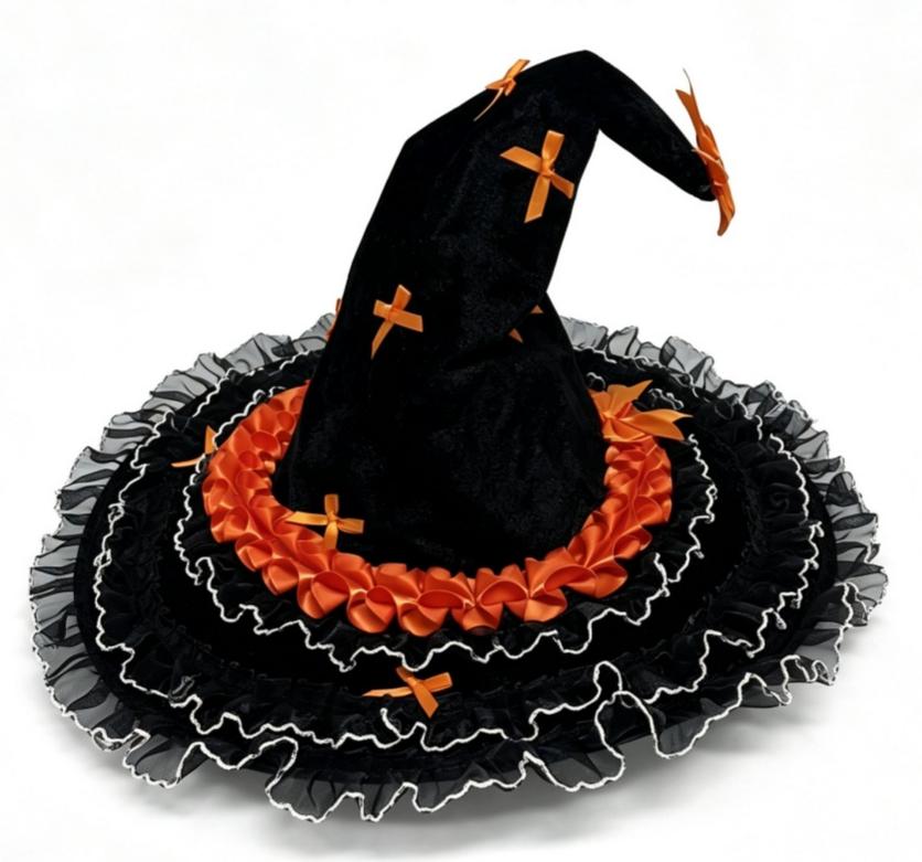 Bow Trimmed Velvet Witch Hat With Ruffled Brim - Orange - 1