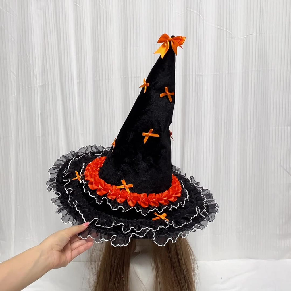 Bow Trimmed Velvet Witch Hat With Ruffled Brim - Orange - 2