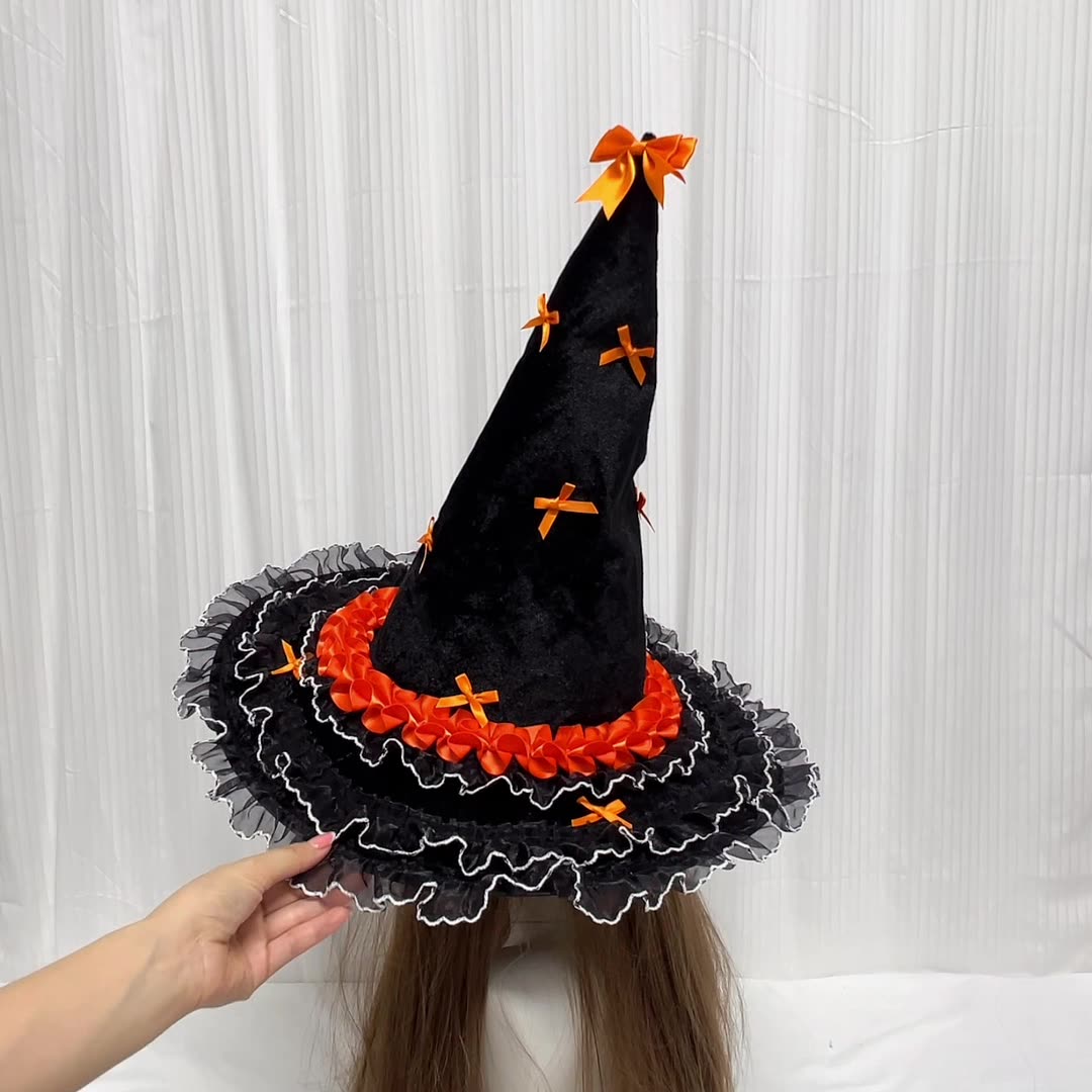 Bow Trimmed Velvet Witch Hat With Ruffled Brim - Orange - 2