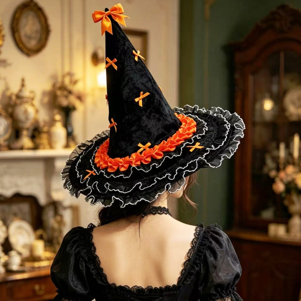 Bow Trimmed Velvet Witch Hat With Ruffled Brim - Orange - 3