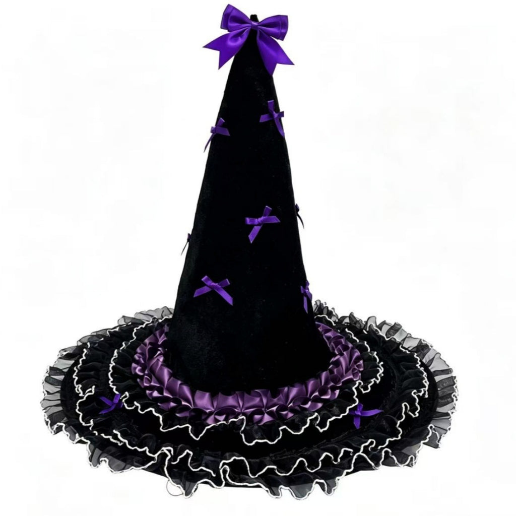 Bow Trimmed Velvet Witch Hat With Ruffled Brim - Purple