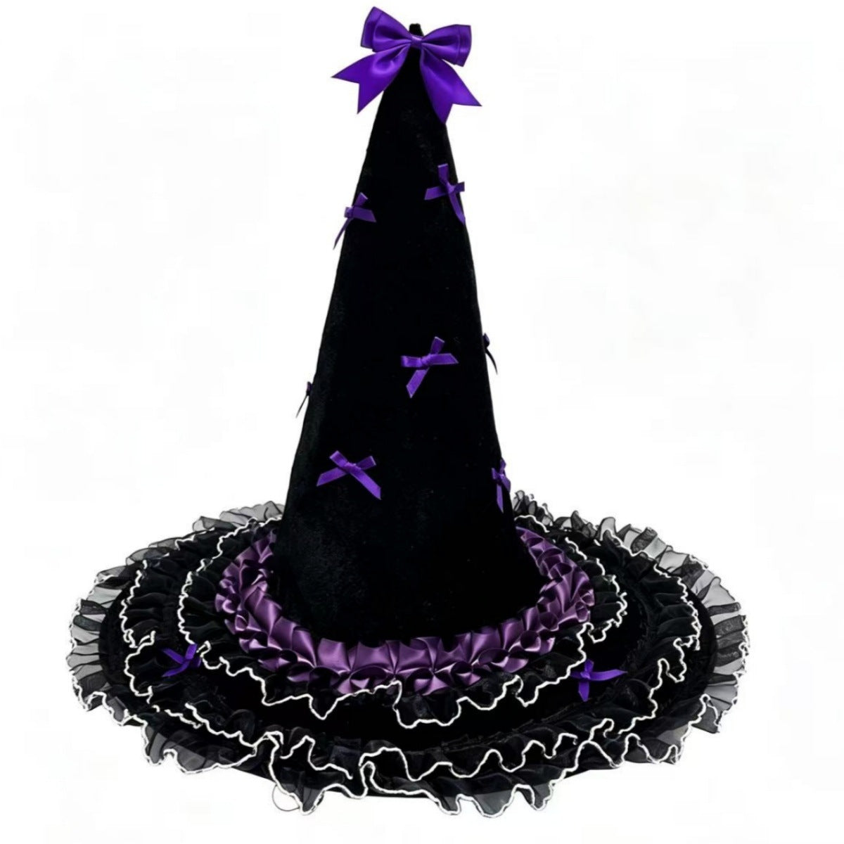 Bow Trimmed Velvet Witch Hat With Ruffled Brim - Purple