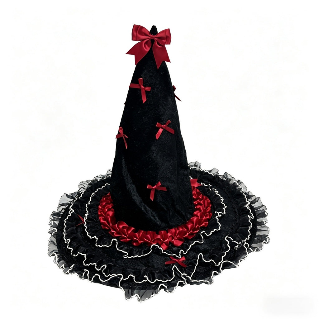 Bow Trimmed Velvet Witch Hat With Ruffled Brim - Red