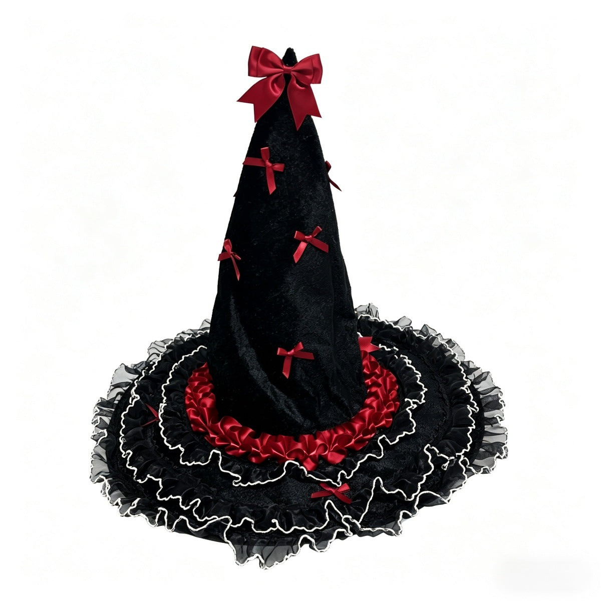 Bow Trimmed Velvet Witch Hat With Ruffled Brim - Red