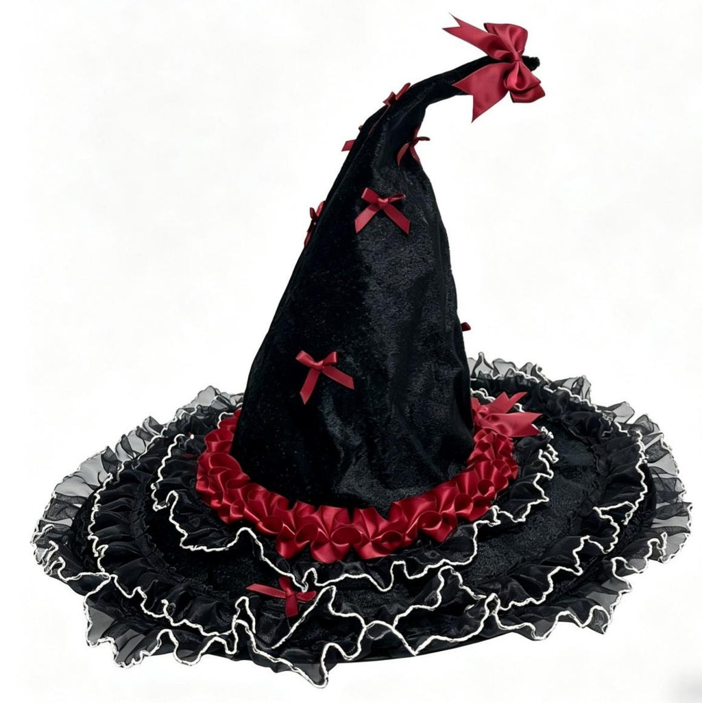 Bow Trimmed Velvet Witch Hat With Ruffled Brim - Red - 1
