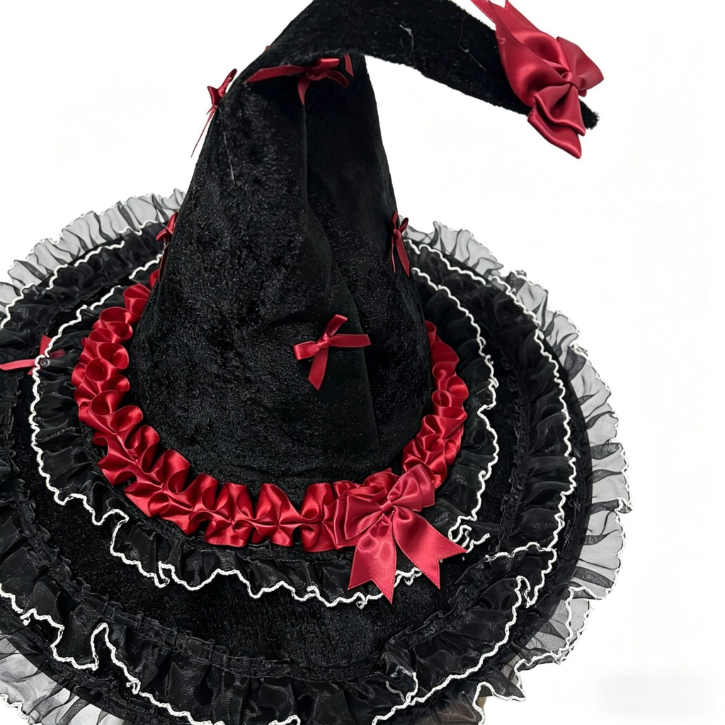 Bow Trimmed Velvet Witch Hat With Ruffled Brim - Red - 2