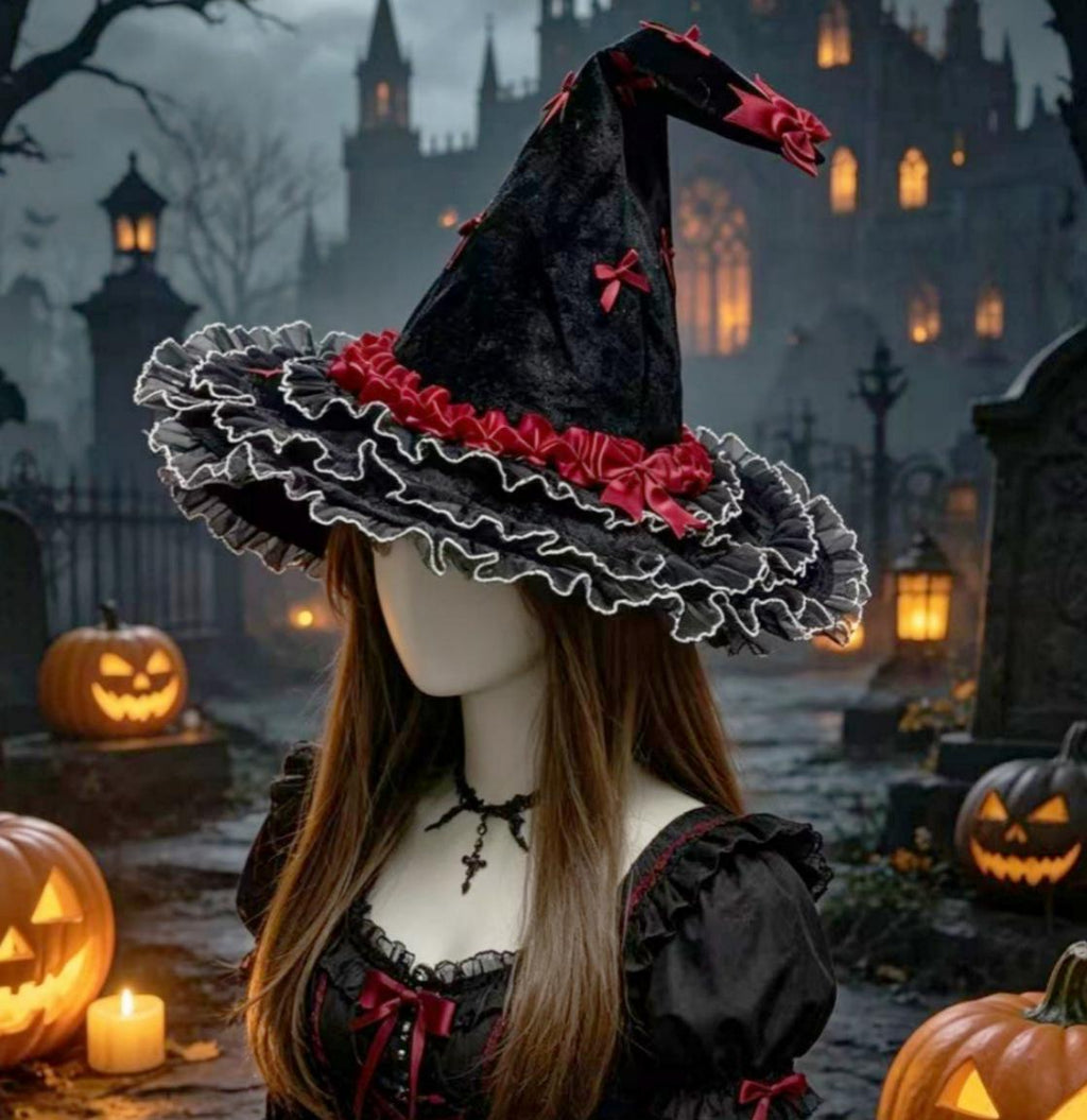 Bow Trimmed Velvet Witch Hat With Ruffled Brim - Red - 3