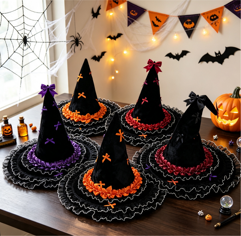 Bow Trimmed Velvet Witch Hat With Ruffled Brim