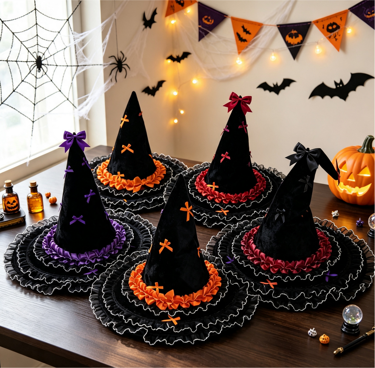 Bow Trimmed Velvet Witch Hat With Ruffled Brim