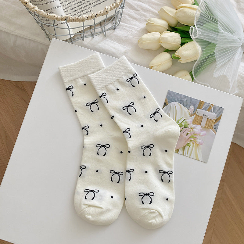 Bow Pattern Cotton Crew Socks - Color_3
