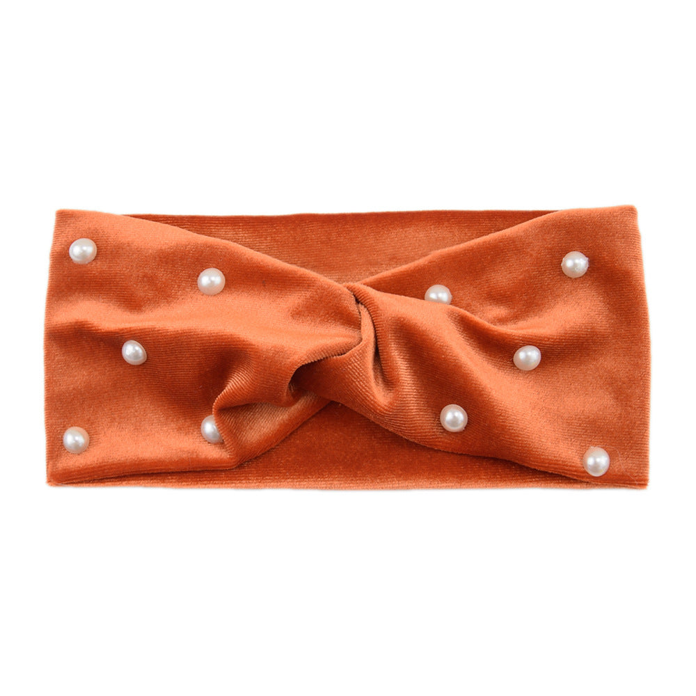 Pearl Twist Knot Velvet Headband - Orange