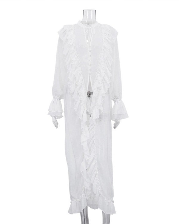 Sheer Ruffle Longline Duster Blouse - White