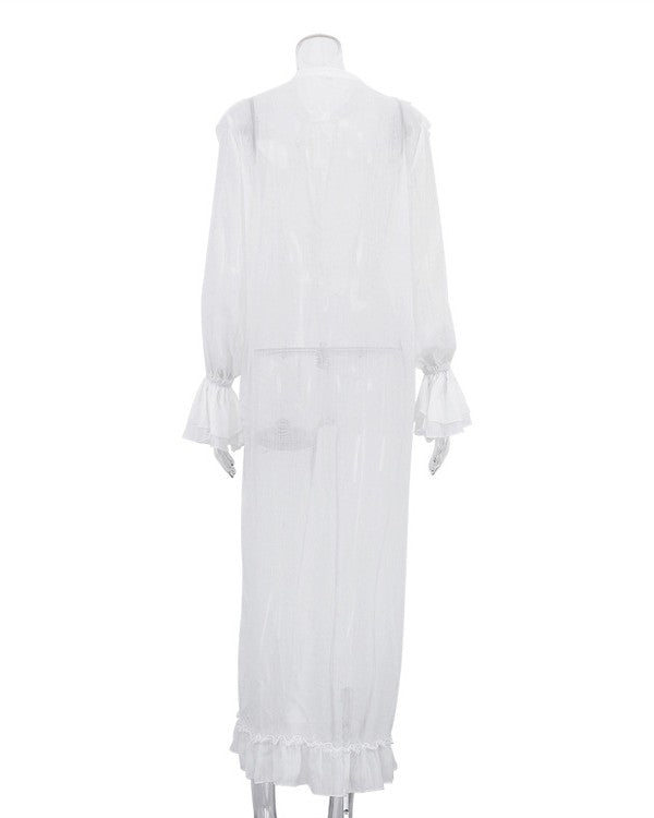 Sheer Ruffle Longline Duster Blouse - White - 1