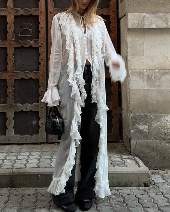 Sheer Ruffle Longline Duster Blouse - White - 2