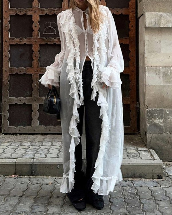 Sheer Ruffle Longline Duster Blouse - White - 4