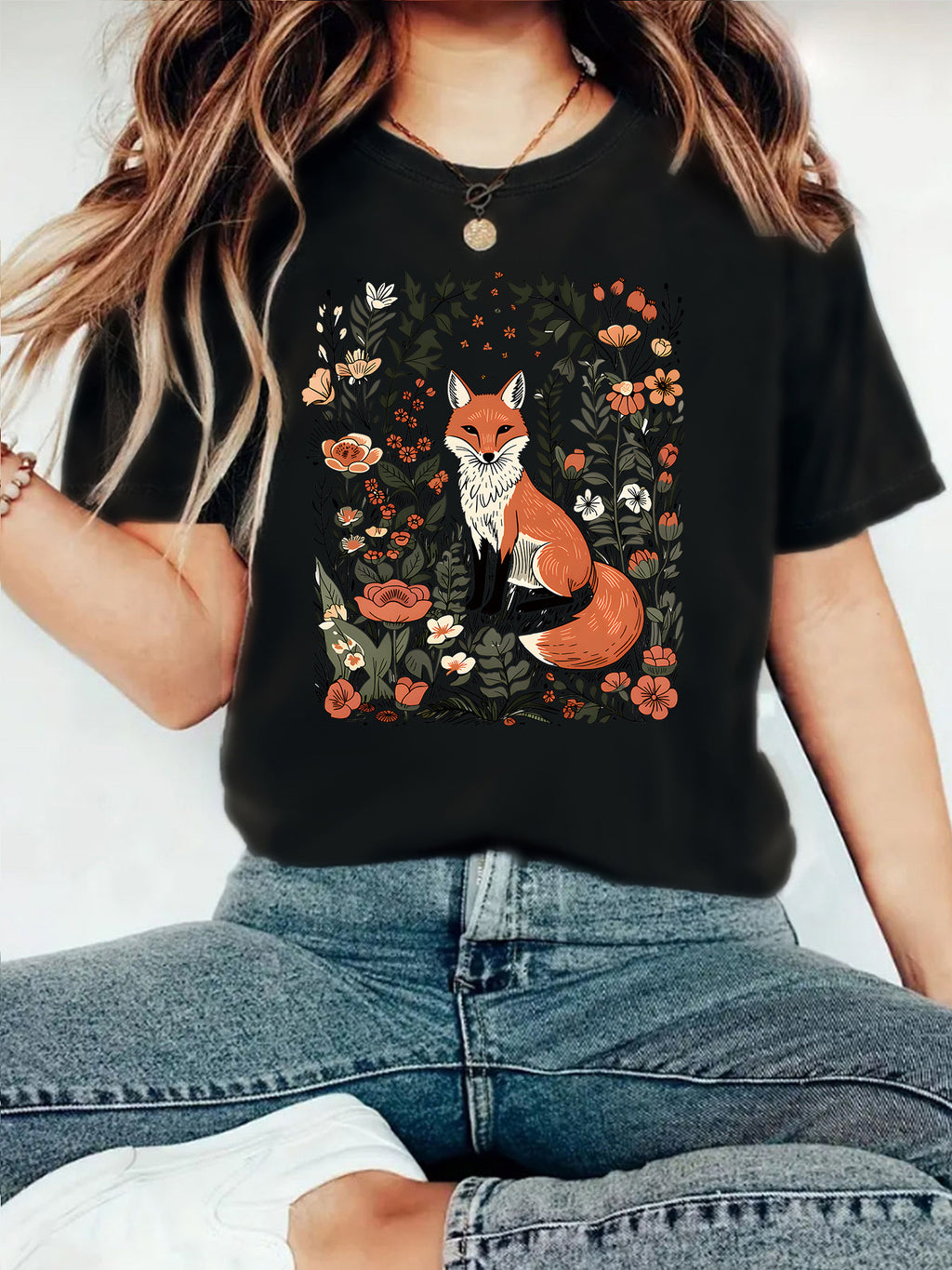 Botanical Fox Print Short Sleeve T-Shirt - Black