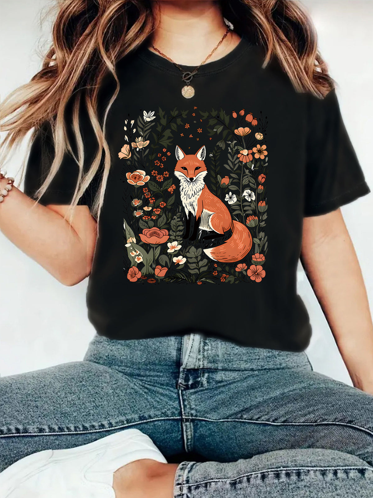 Botanical Fox Print Short Sleeve T-Shirt - Black