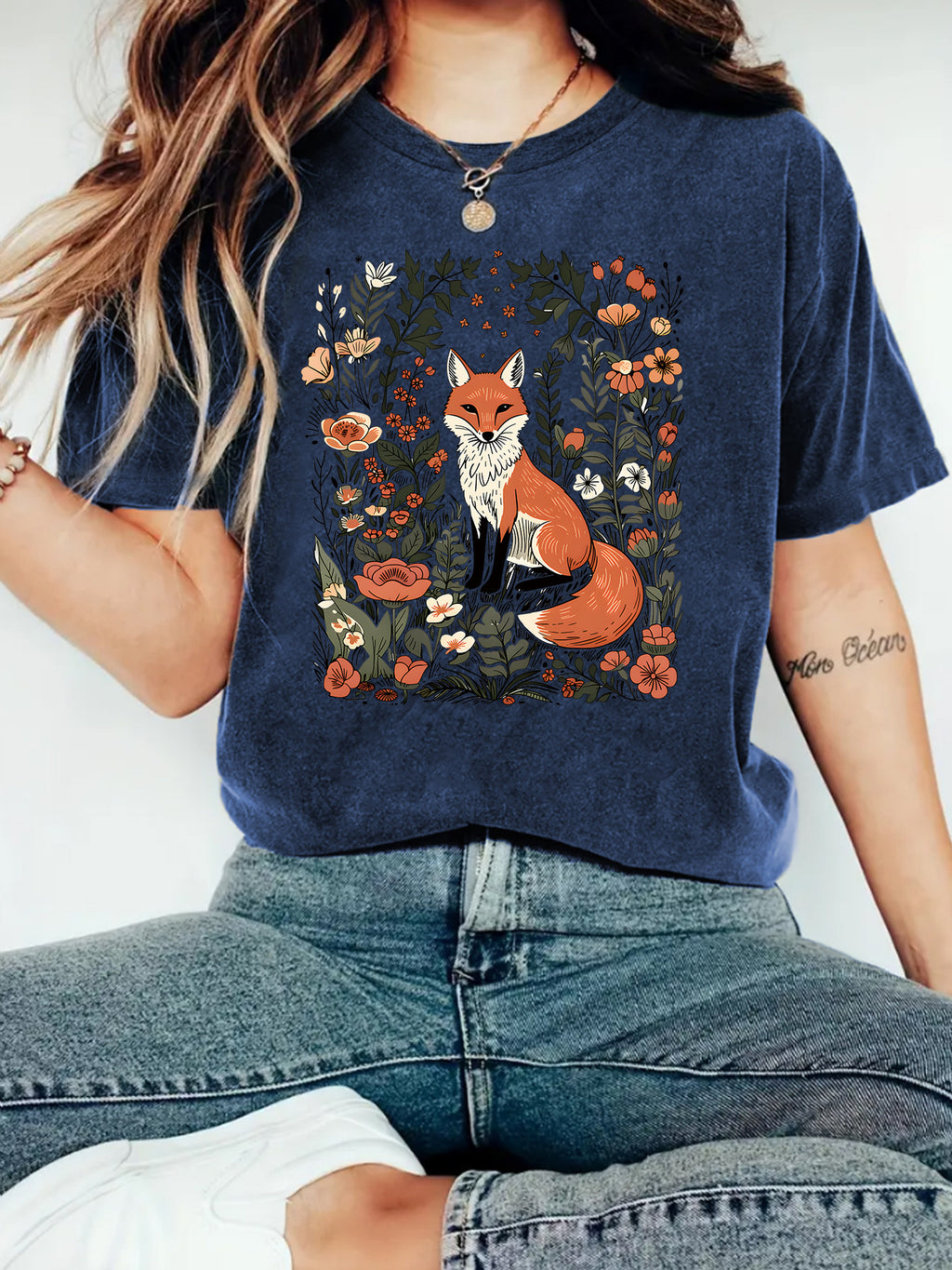 Botanical Fox Print Short Sleeve T-Shirt - Blue