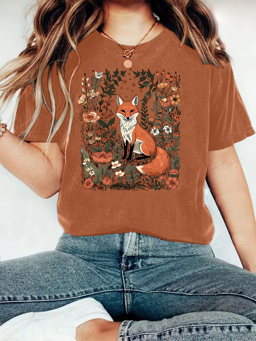 Botanical Fox Print Short Sleeve T-Shirt - Brown