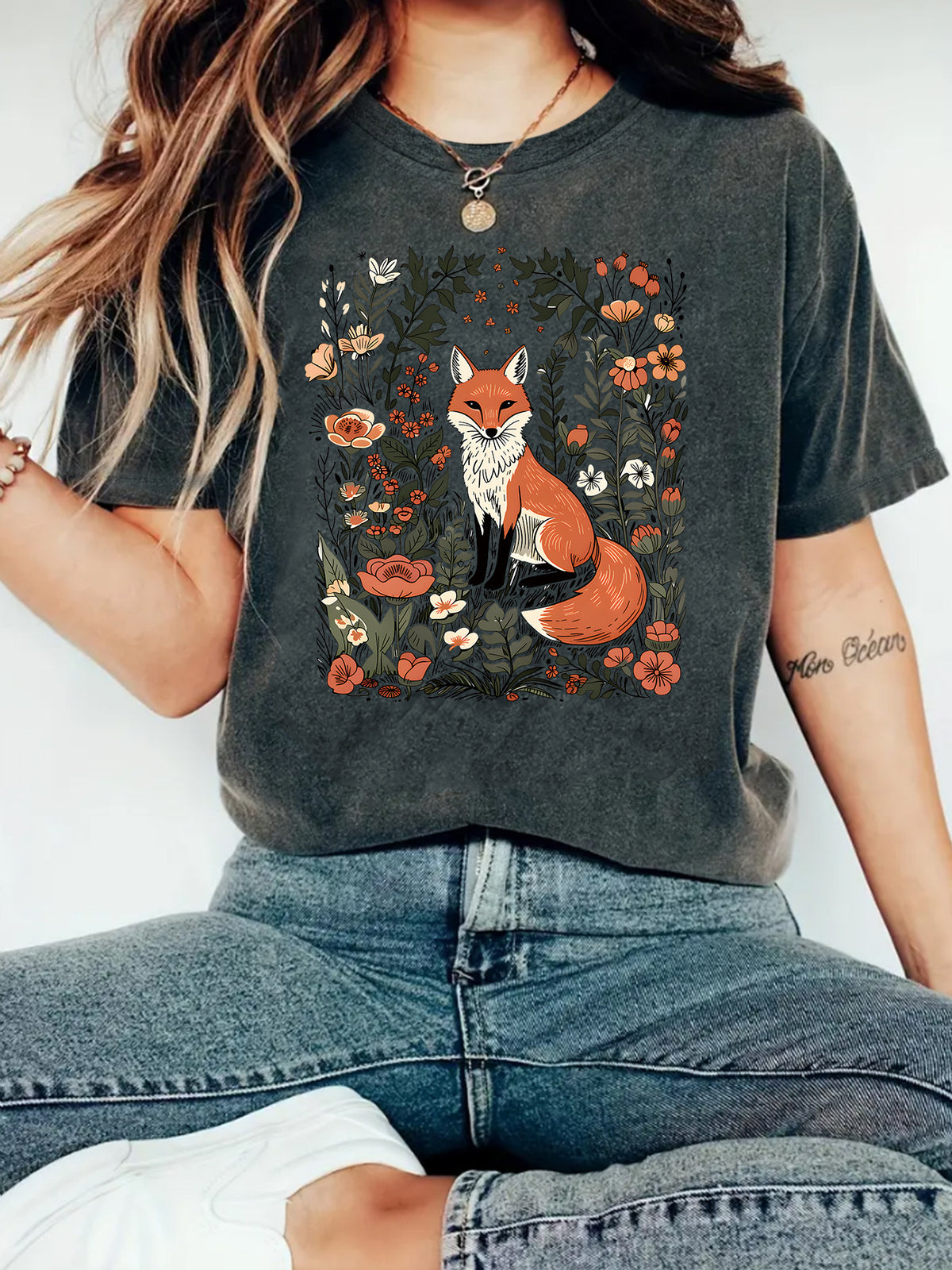 Botanical Fox Print Short Sleeve T-Shirt - DarkGrey