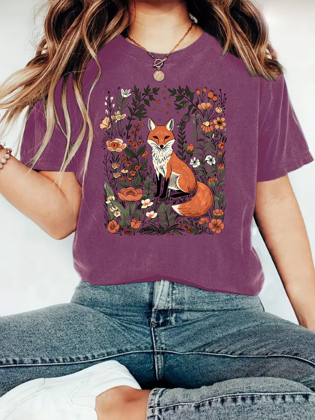 Botanical Fox Print Short Sleeve T-Shirt - Purple