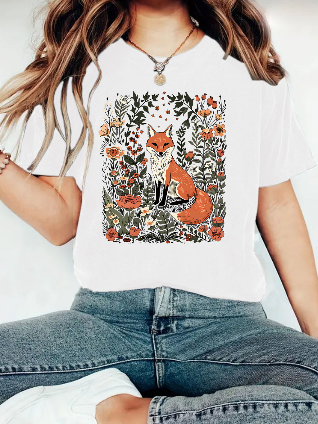 Botanical Fox Print Short Sleeve T-Shirt - White