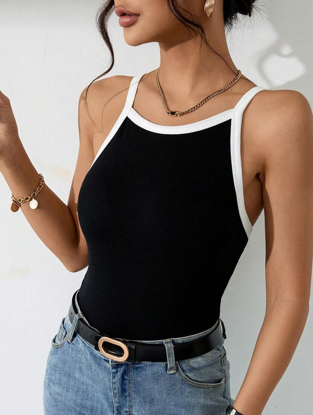 Contrast Trim Open Back Ribbed Cami - Black - 2