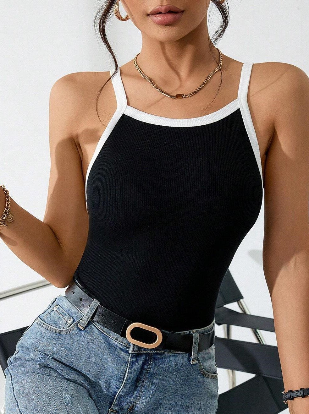 Contrast Trim Open Back Ribbed Cami - Black - 3