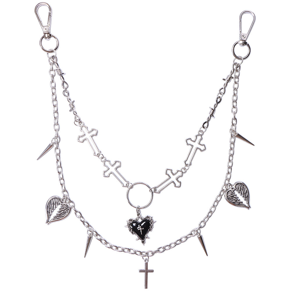 Silver Gothic Heart Angel Wing Spiked Jean Chain - Silver - 1
