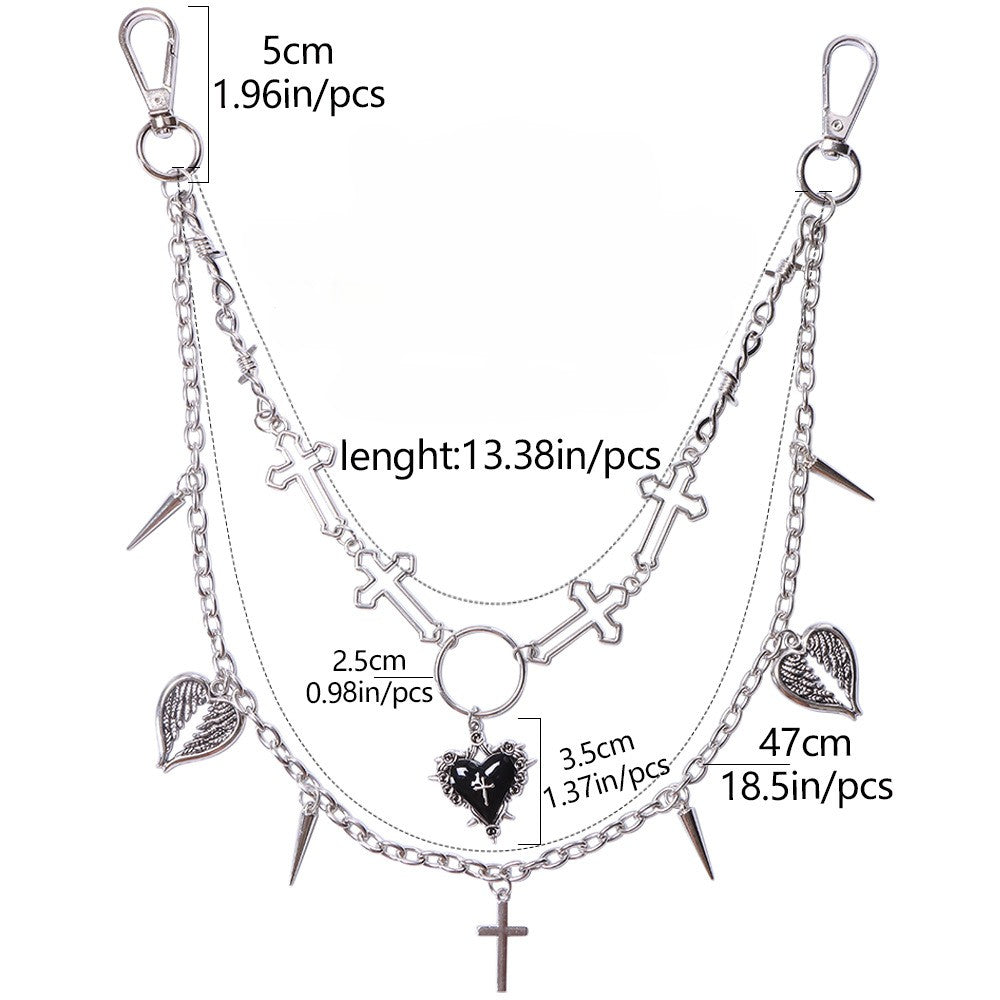 Silver Gothic Heart Angel Wing Spiked Jean Chain - Silver - 3