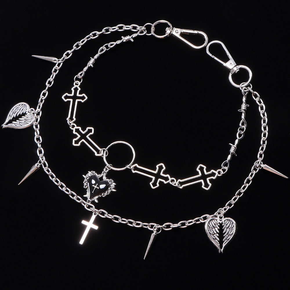 Silver Gothic Heart Angel Wing Spiked Jean Chain - Silver - 5