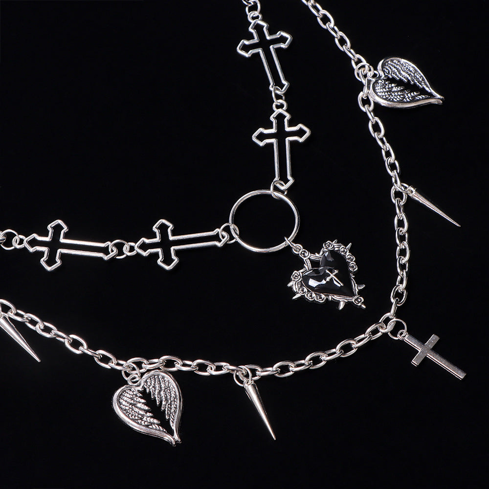 Silver Gothic Heart Angel Wing Spiked Jean Chain - Silver - 6