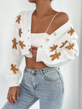 White Gingerbread Patch V-Neck Cropped Cardigan - White