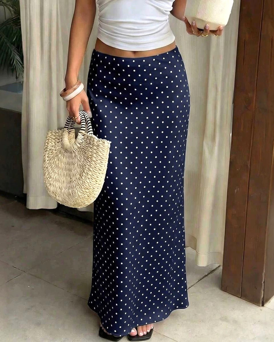 Polka Dot Silky Fitted Mermaid Maxi Skirt - DarkBlue