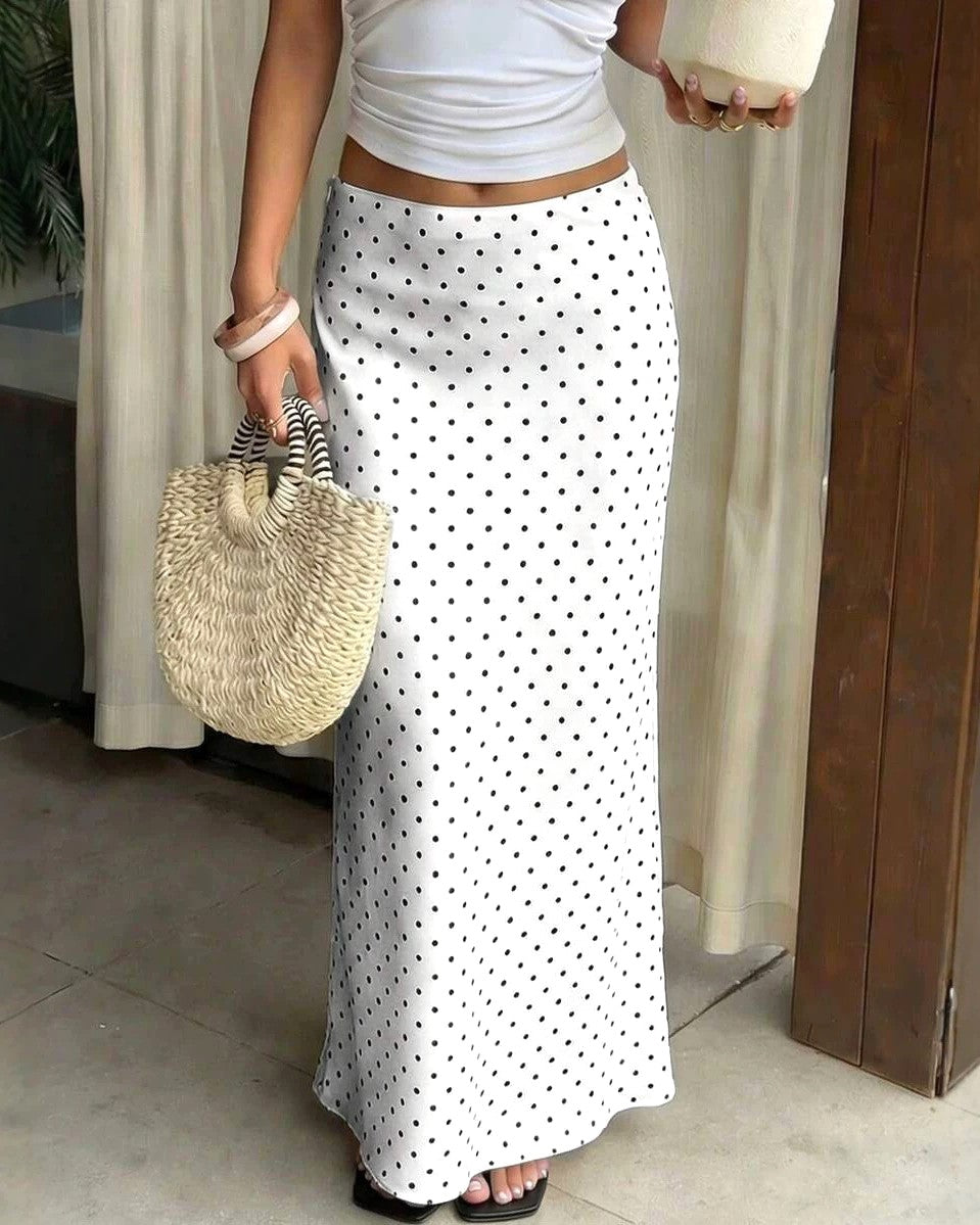 Polka Dot Silky Fitted Mermaid Maxi Skirt - White