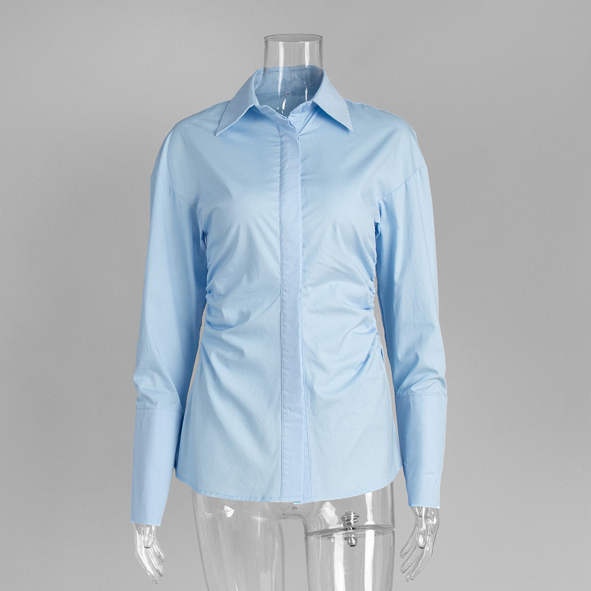Ruched Waist Cotton Shirt With Split Hem - Blue