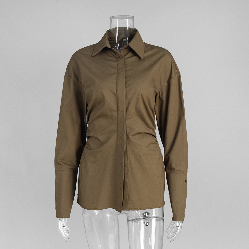 Ruched Waist Cotton Shirt With Split Hem - Brown