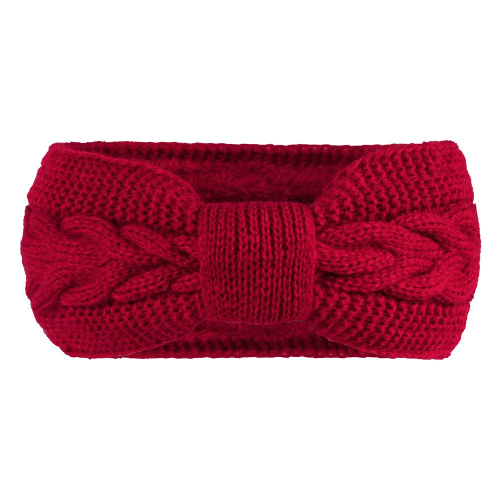Bow Knot Cable Knit Fleece Lined Ear Warmer Headband - Red