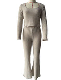 Ribbed Stripe Square Neck Flare Pants Set - Apricot