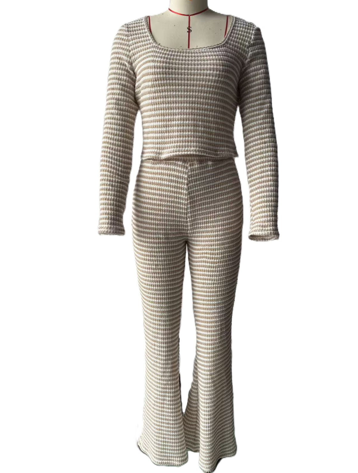 Ribbed Stripe Square Neck Flare Pants Set - Apricot